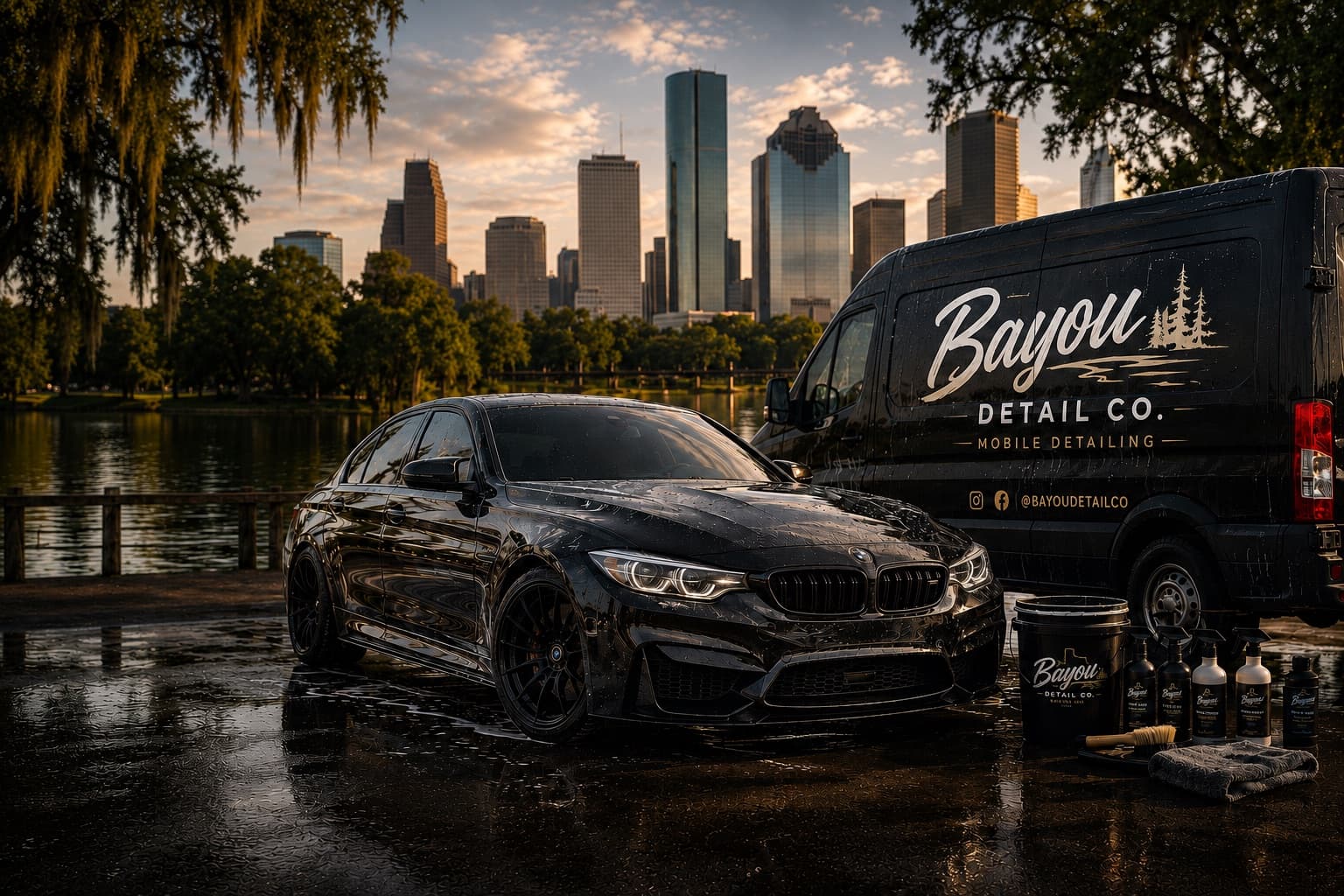 A freshly detailed black sedan beside the Bayou Detail Co. van at the bayou, Houston skyline behind