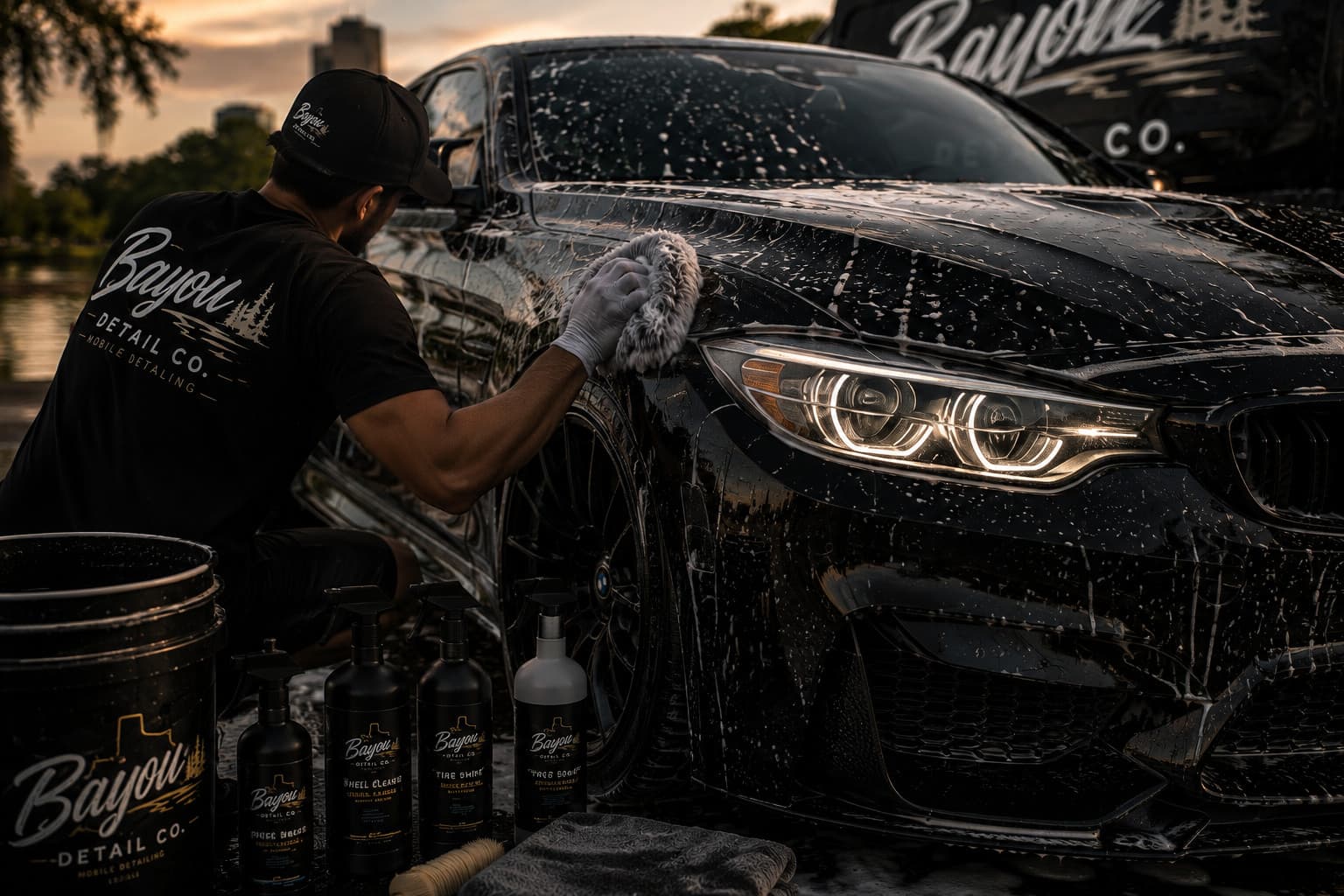 A Bayou Detail Co. detailer hand-washing a black coupe at golden hour, branded bottles lined up beside the wheel